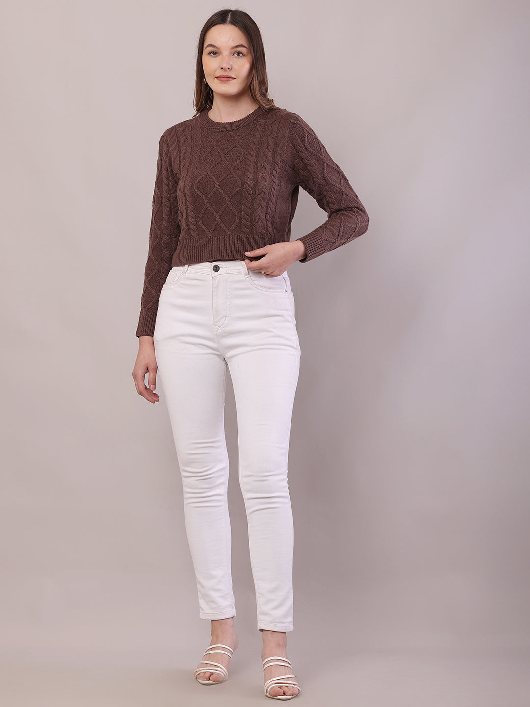 Women Brown Acrylic Cable Knit Full Sleeve Sweater