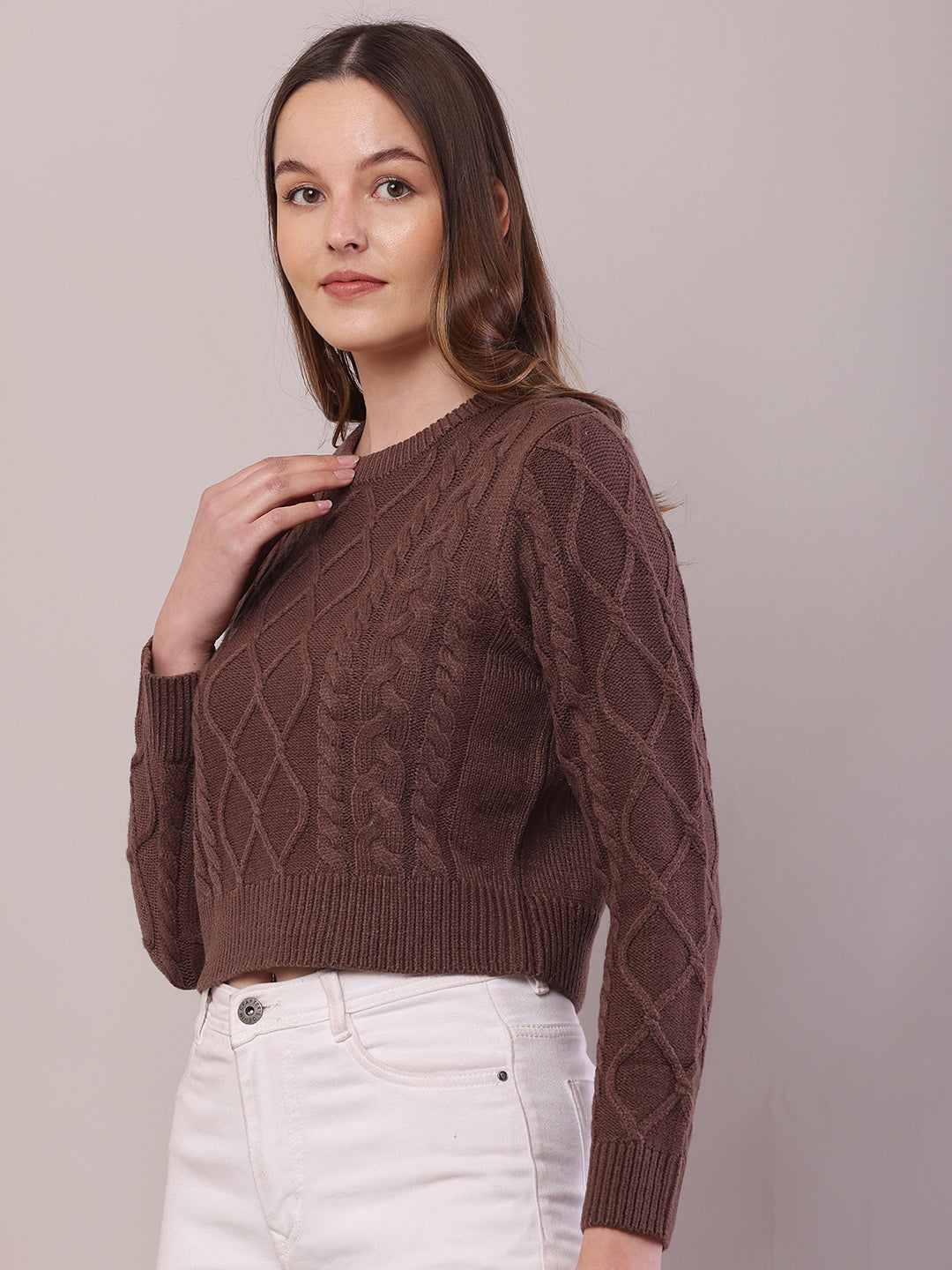 Women Brown Acrylic Cable Knit Full Sleeve Sweater