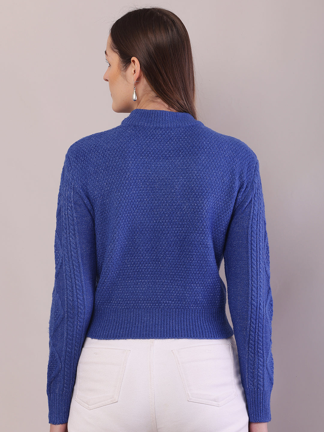 Women Blue Viscose Cable Knit Full Sleeve Sweater