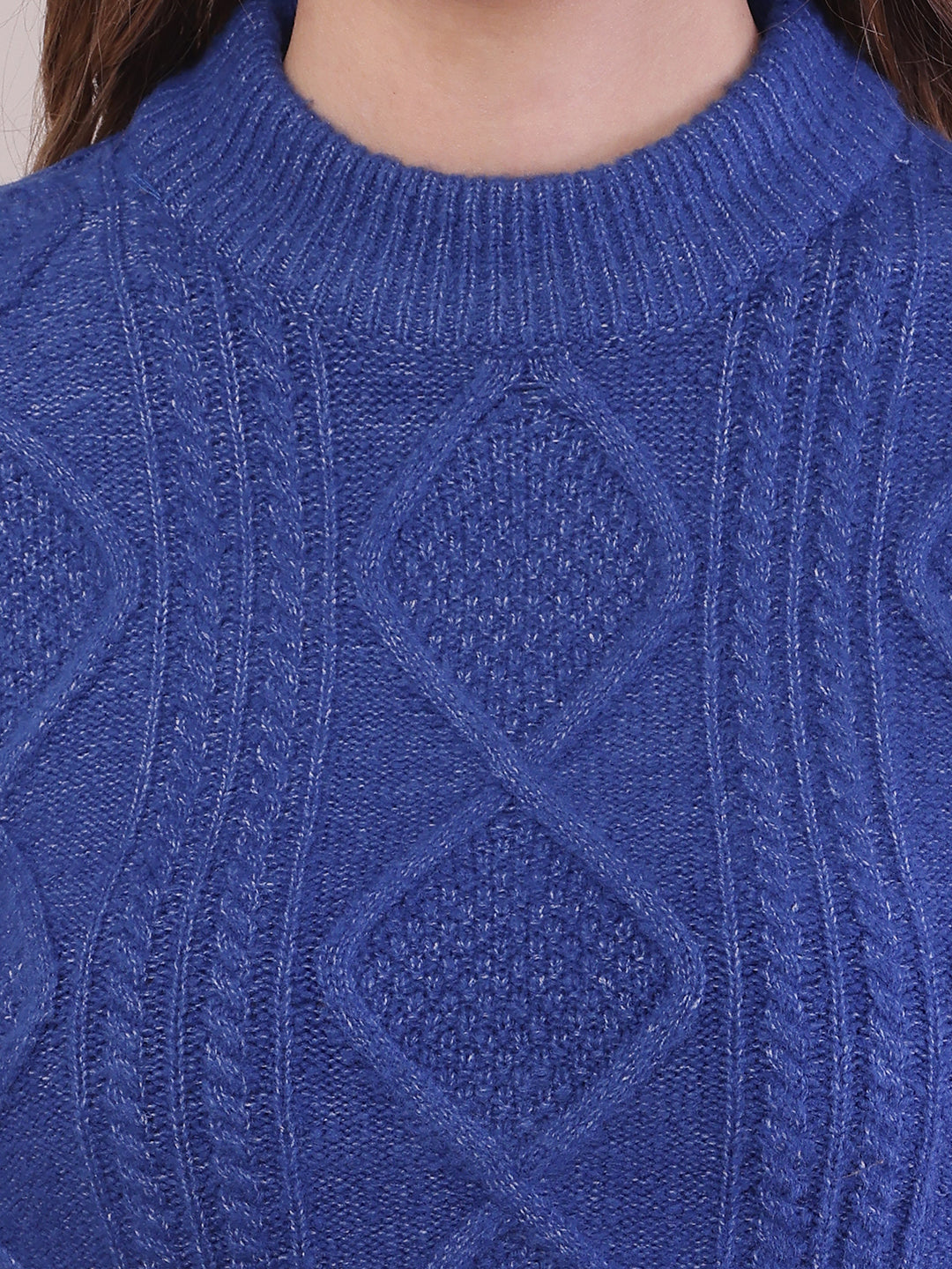 Women Blue Viscose Cable Knit Full Sleeve Sweater