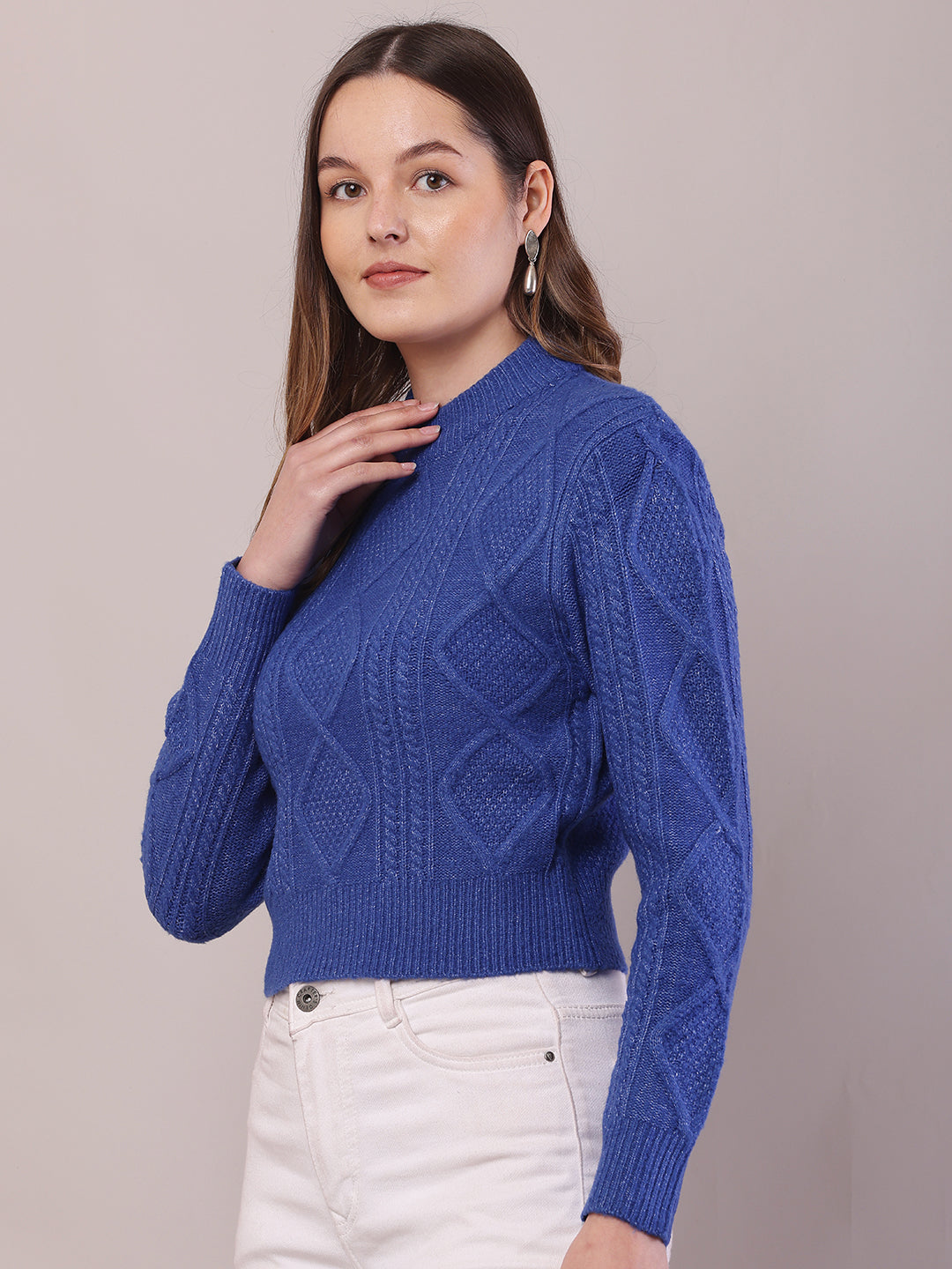 Women Blue Viscose Cable Knit Full Sleeve Sweater