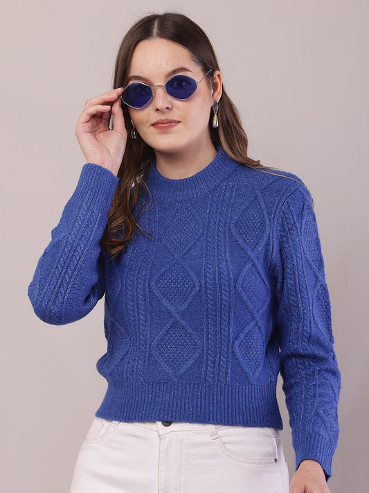 Women Blue Viscose Cable Knit Full Sleeve Sweater