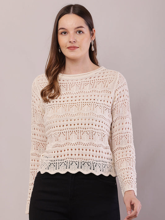 Women Cream Polyester Boat Neck Full Sleeve Sweater