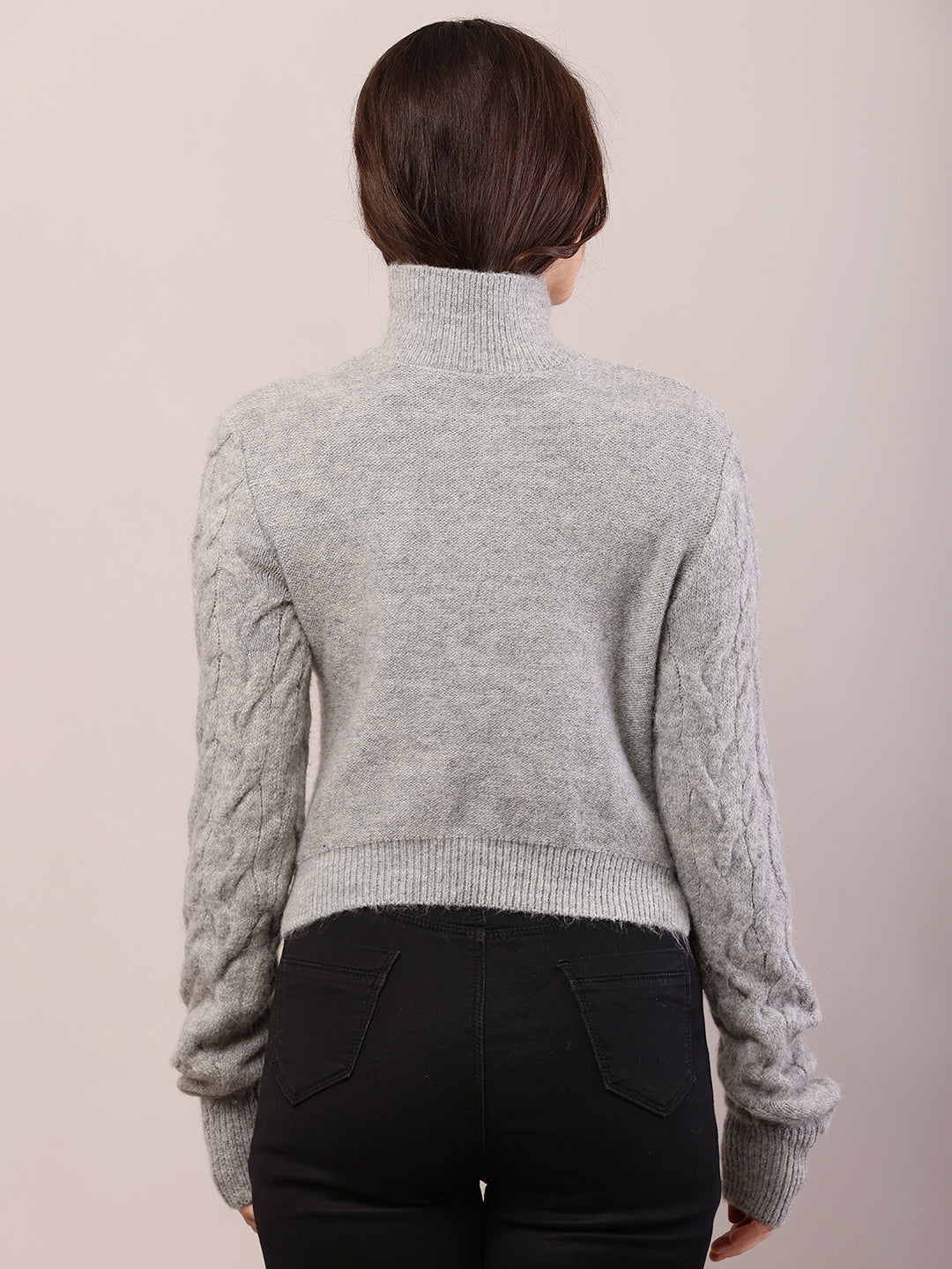 Women grey acrylic full sleeve cable knit sweater