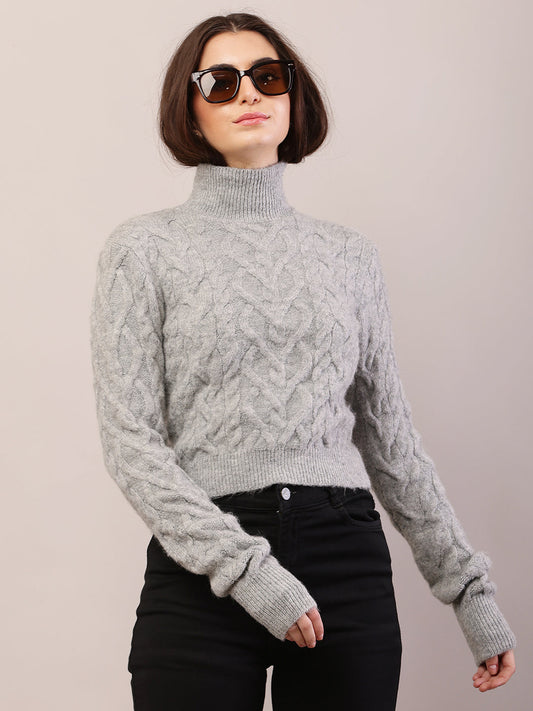 Women grey acrylic full sleeve cable knit sweater