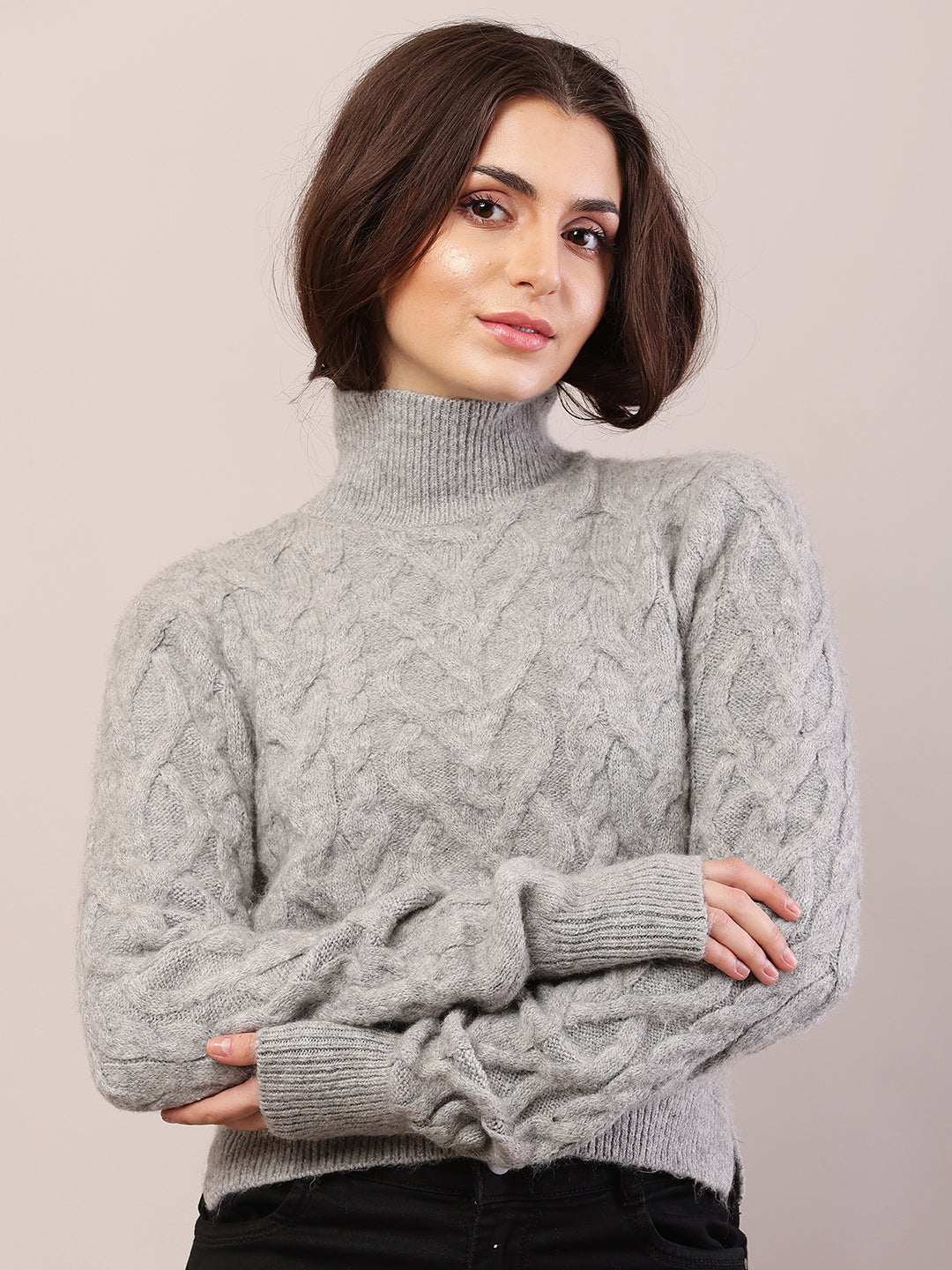 Women grey acrylic full sleeve cable knit sweater