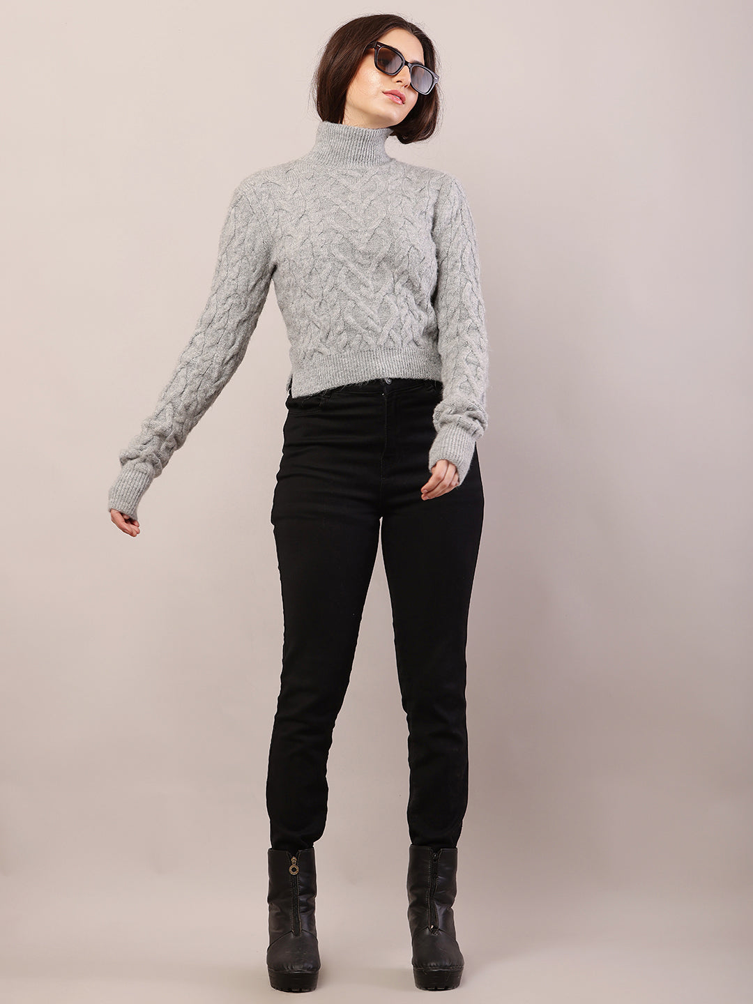 Women grey acrylic full sleeve cable knit sweater