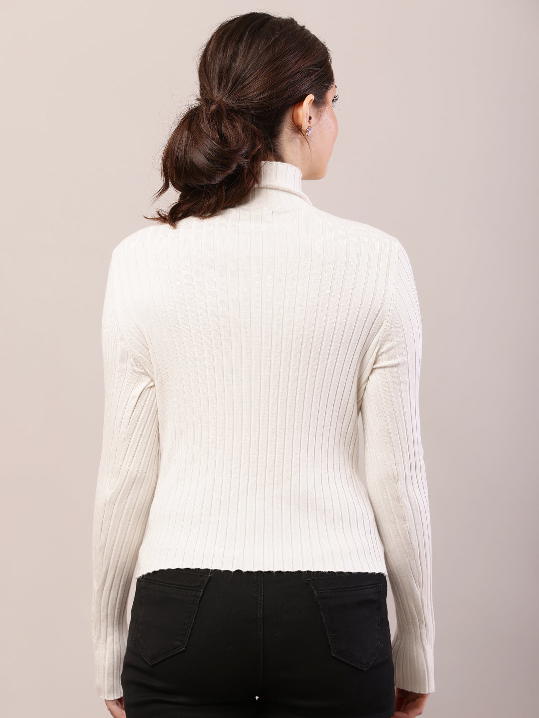 Women white viscose high-neck ribbed sweater