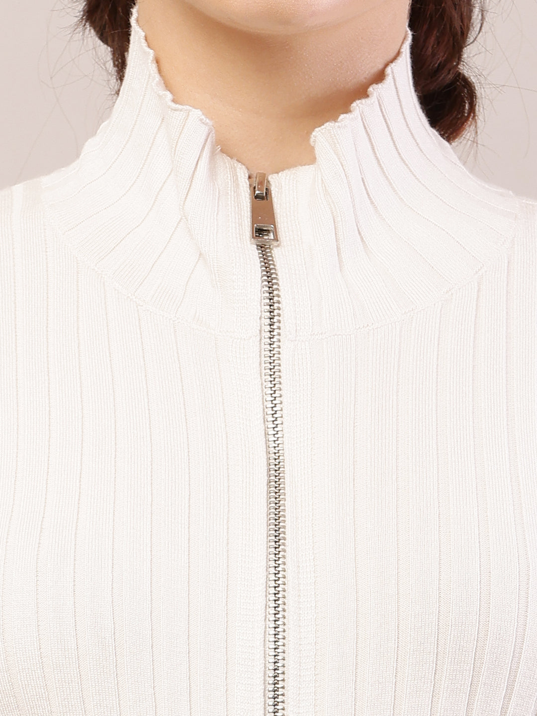 Women white viscose high-neck ribbed sweater