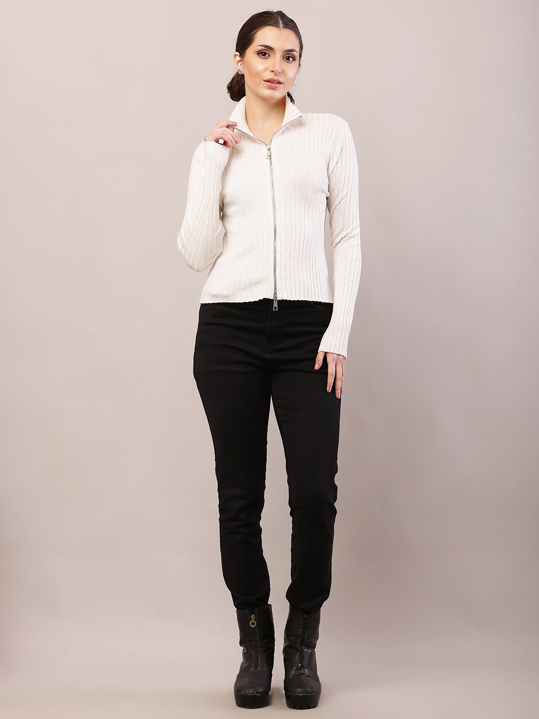 Women white viscose high-neck ribbed sweater