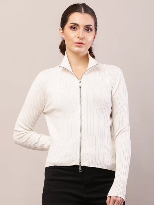 Women white viscose high-neck ribbed sweater