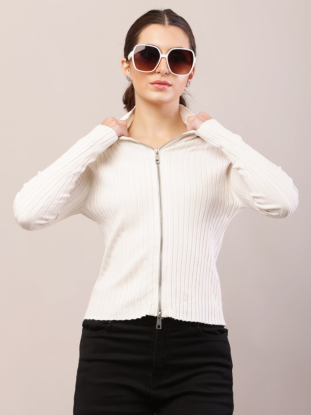 Women white viscose high-neck ribbed sweater