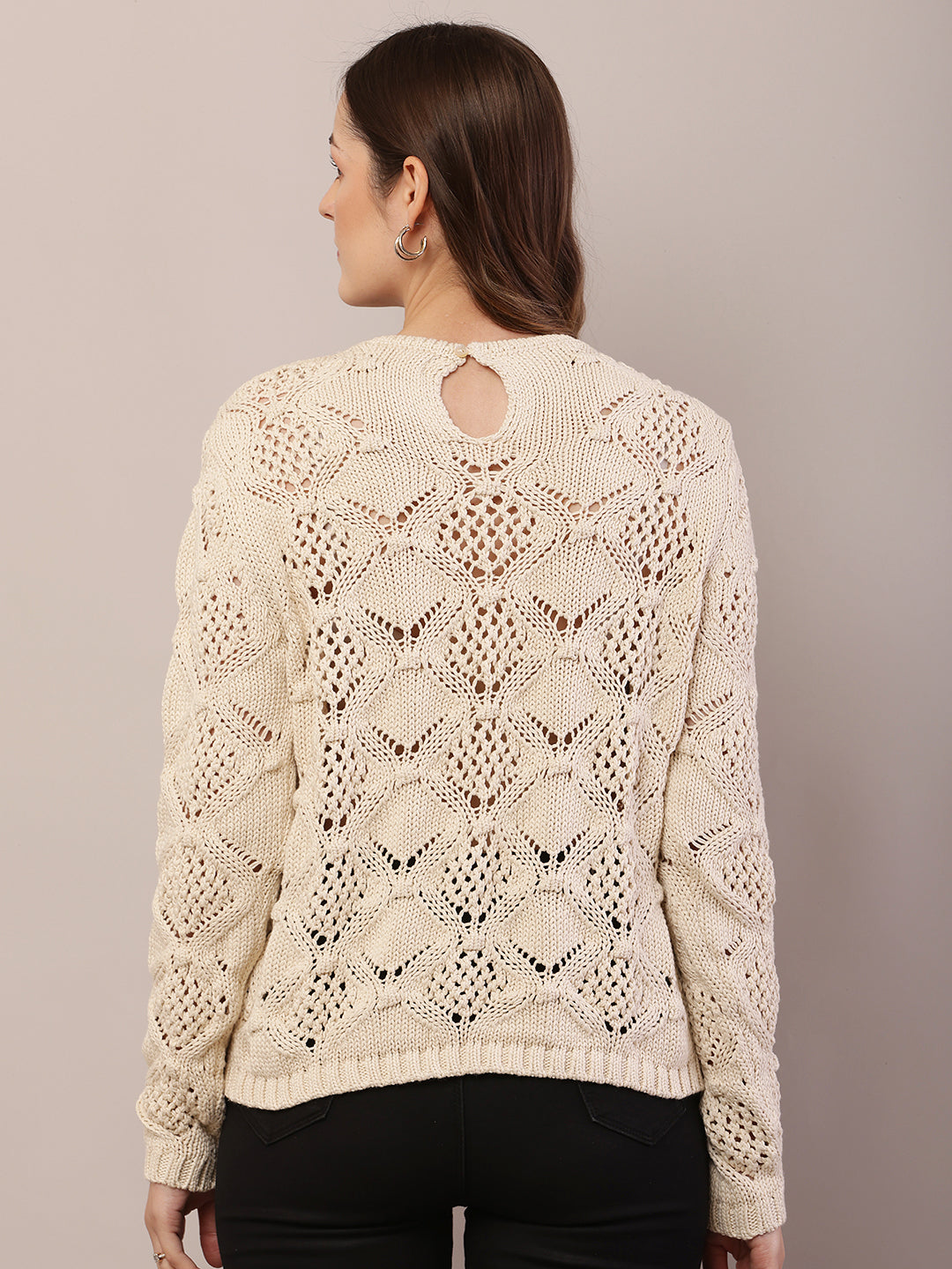 Women cream cotton full sleeve round neck sweater