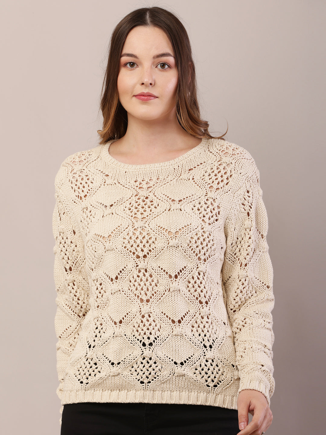 Women cream cotton full sleeve round neck sweater