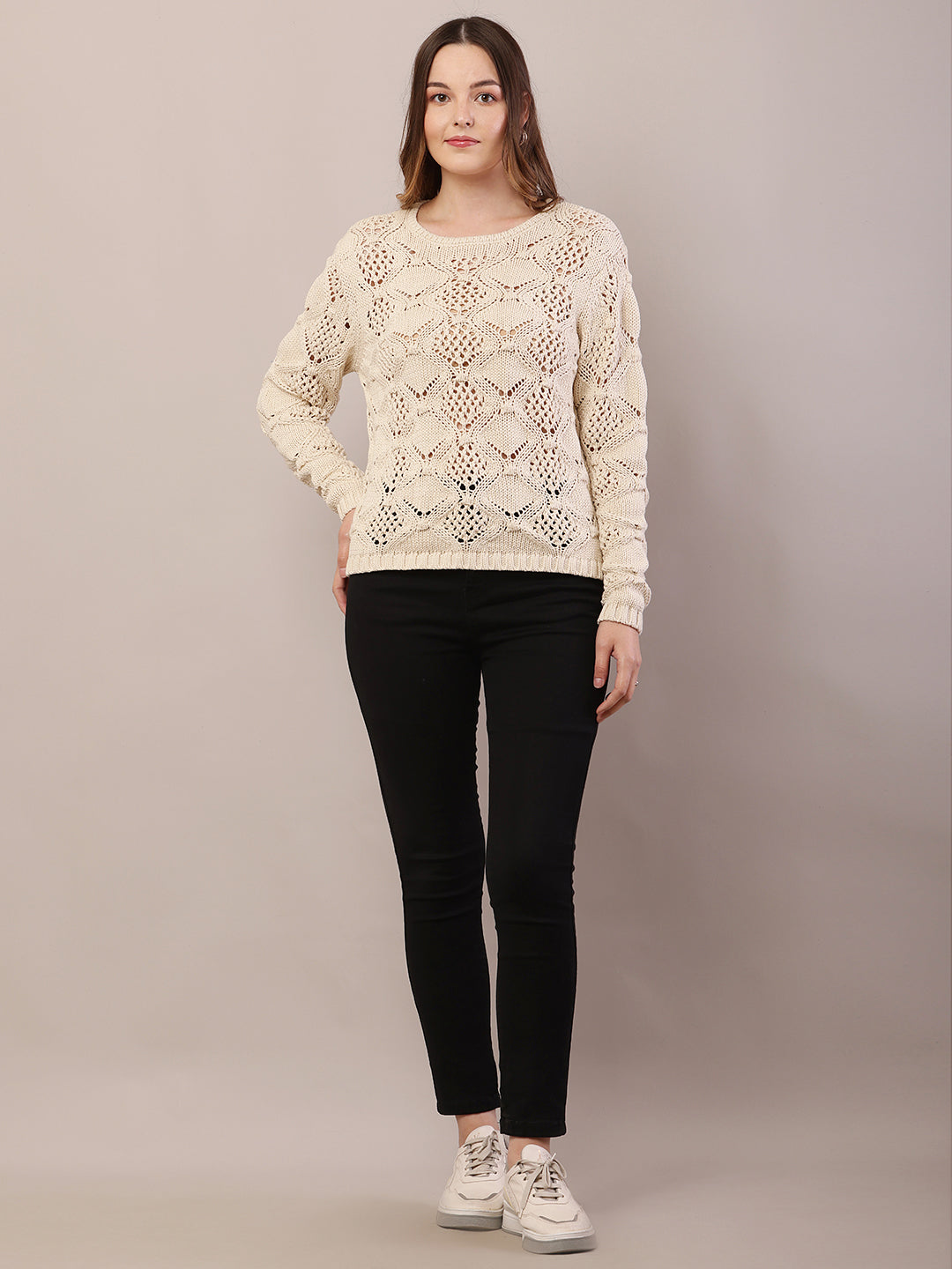 Women cream cotton full sleeve round neck sweater