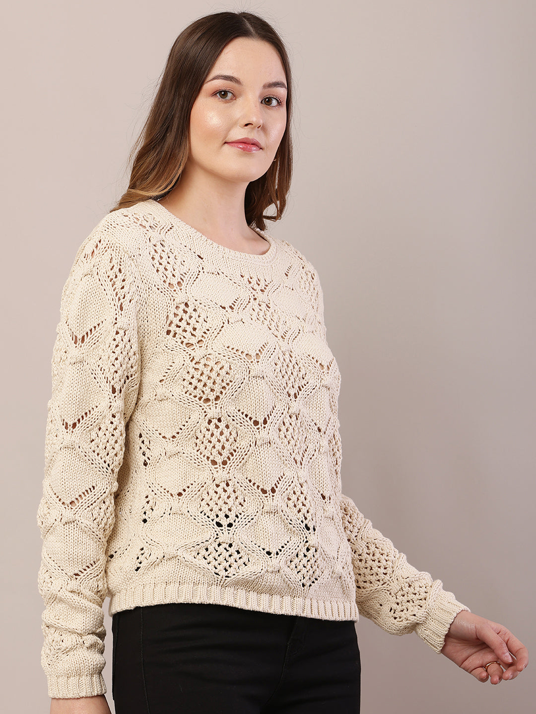 Women cream cotton full sleeve round neck sweater