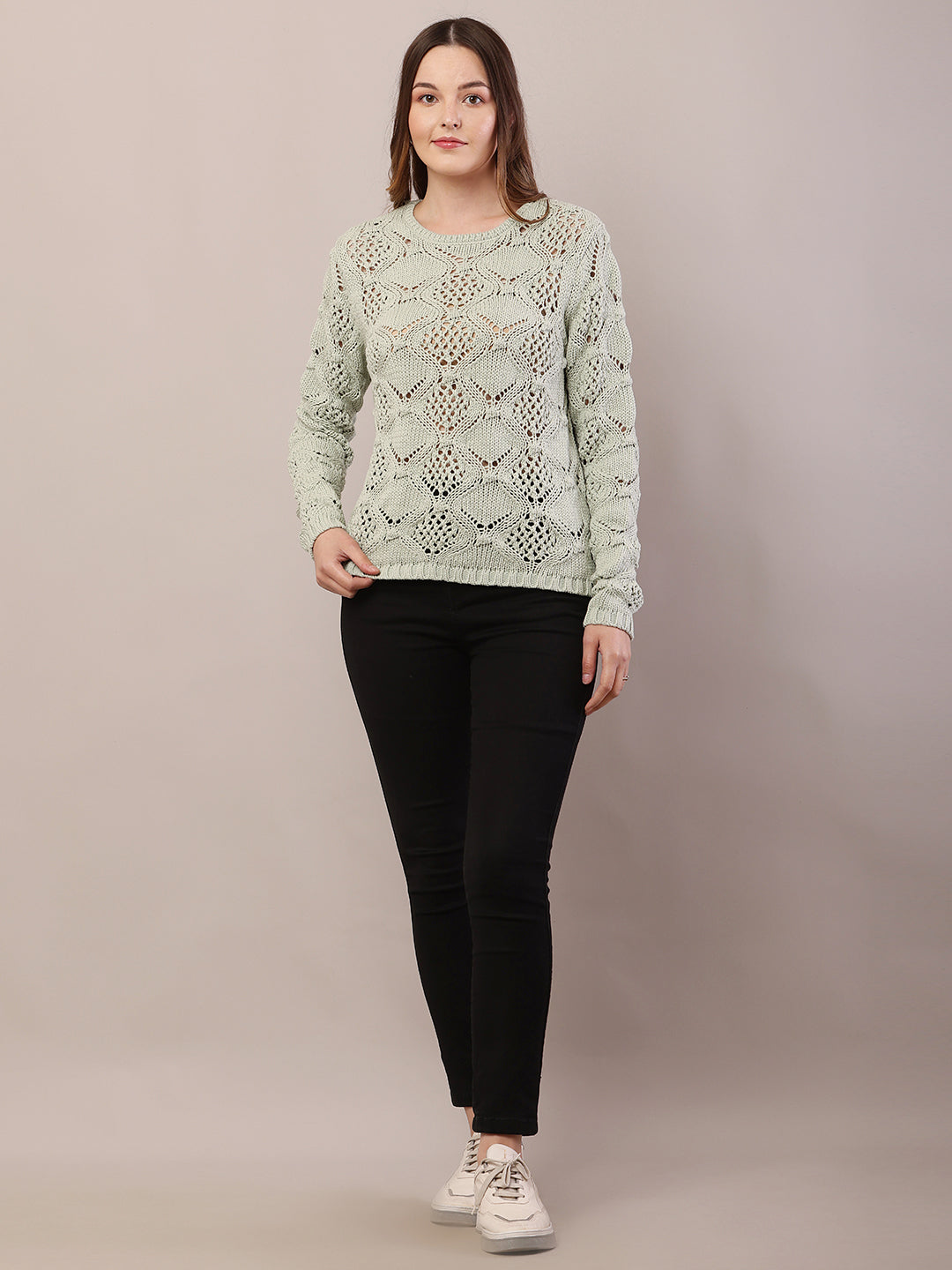 Women light green cotton full sleeve sweater