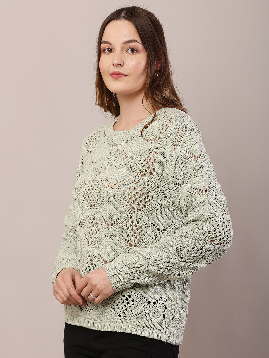 Women light green cotton full sleeve sweater