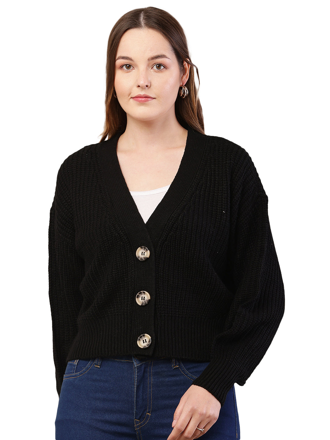 Women black acrylic full sleeve v-neck cardigan