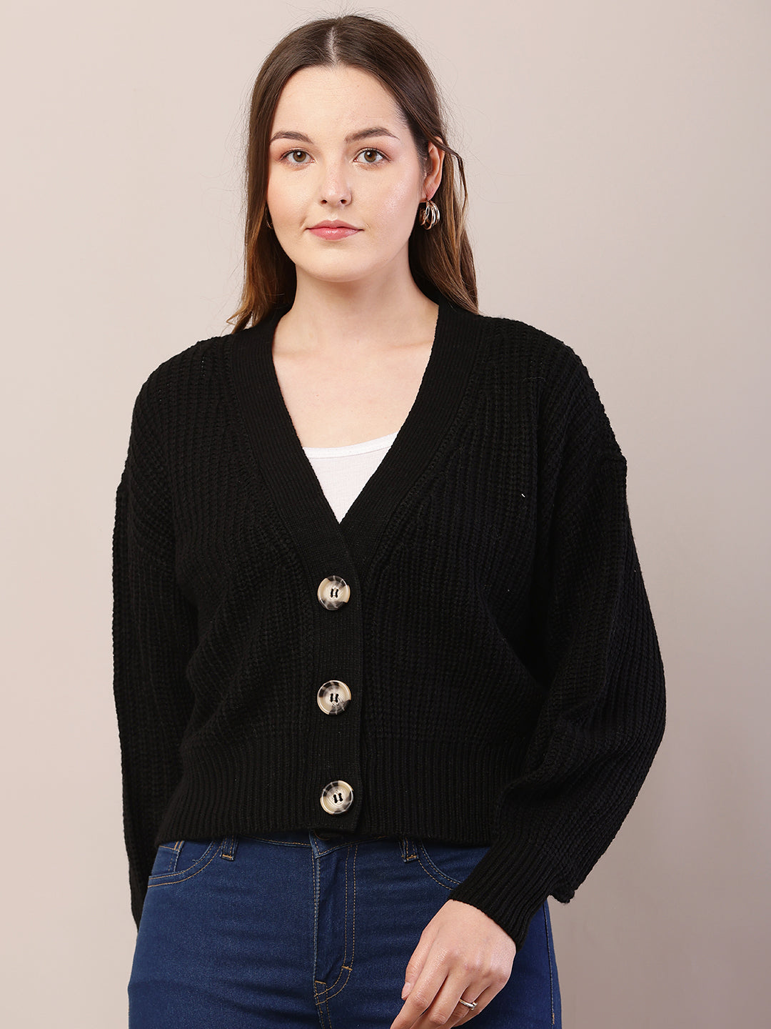 Women black acrylic full sleeve v-neck cardigan