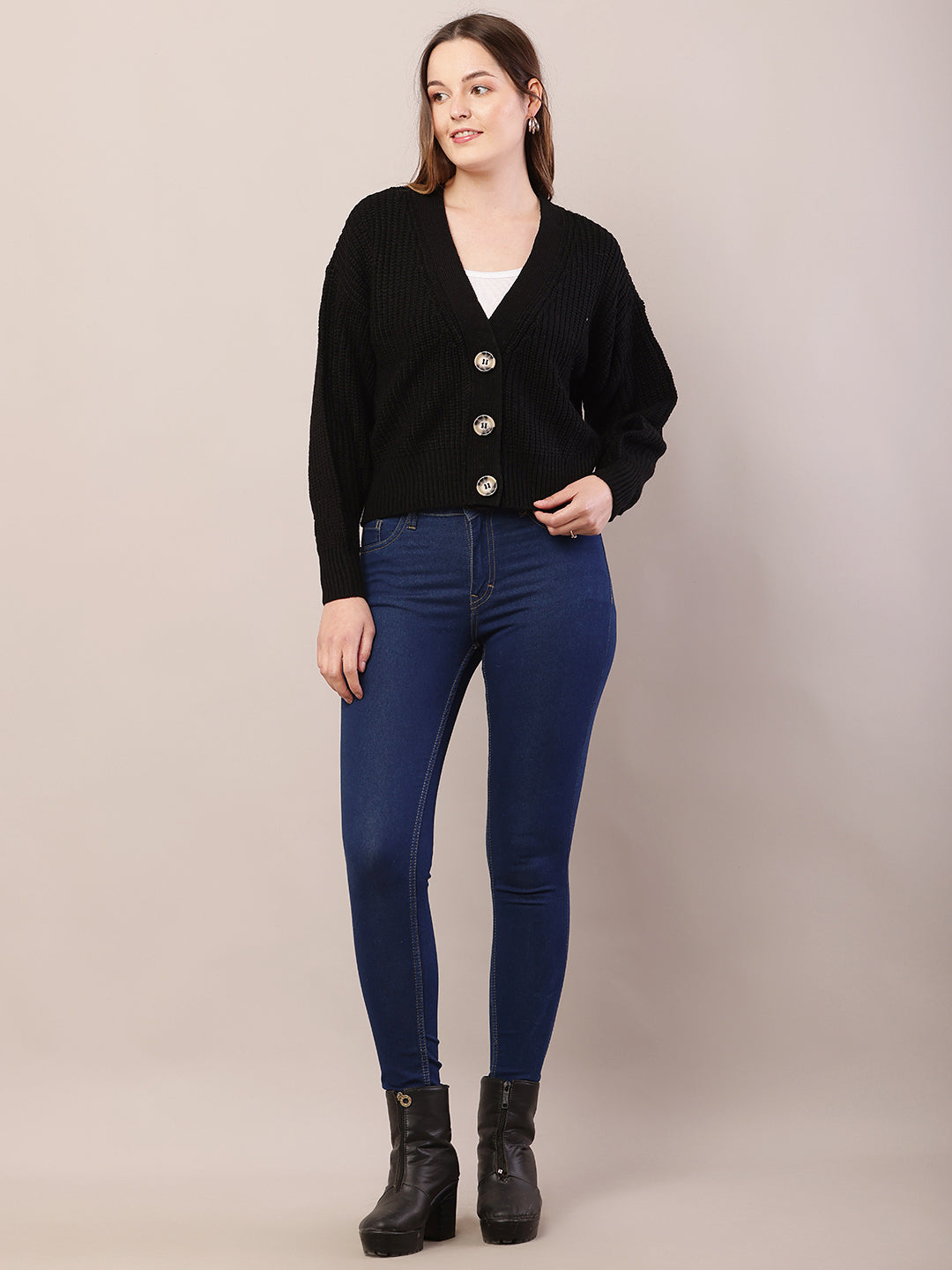 Women black acrylic full sleeve v-neck cardigan