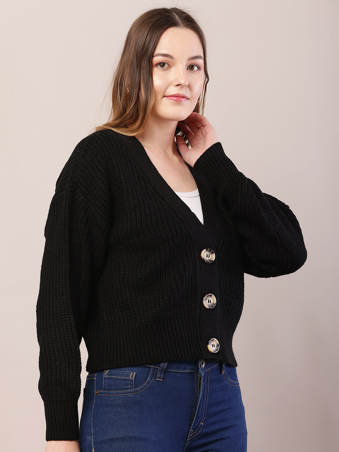 Women black acrylic full sleeve v-neck cardigan