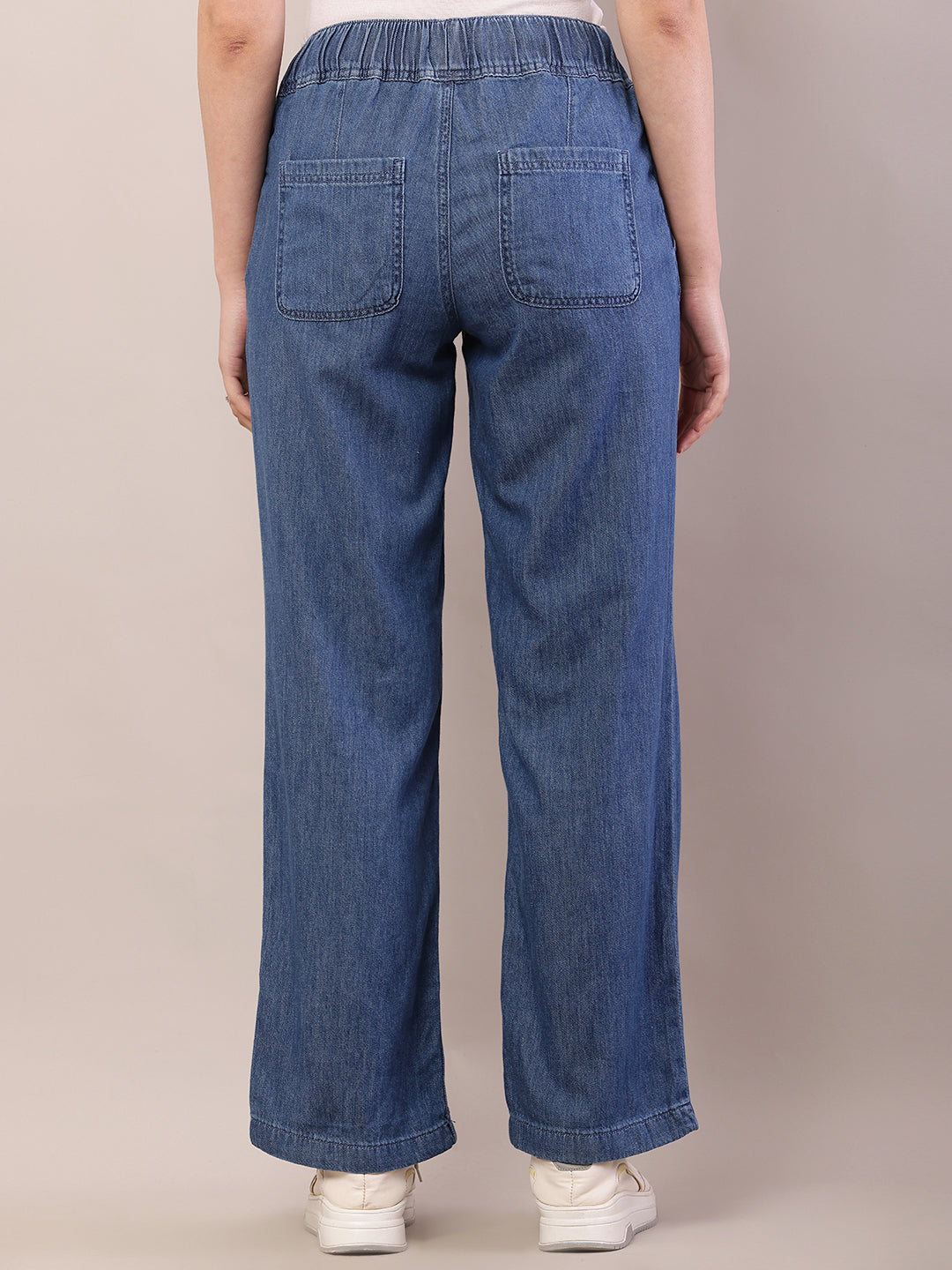 Women blue cotton elastic waist trousers