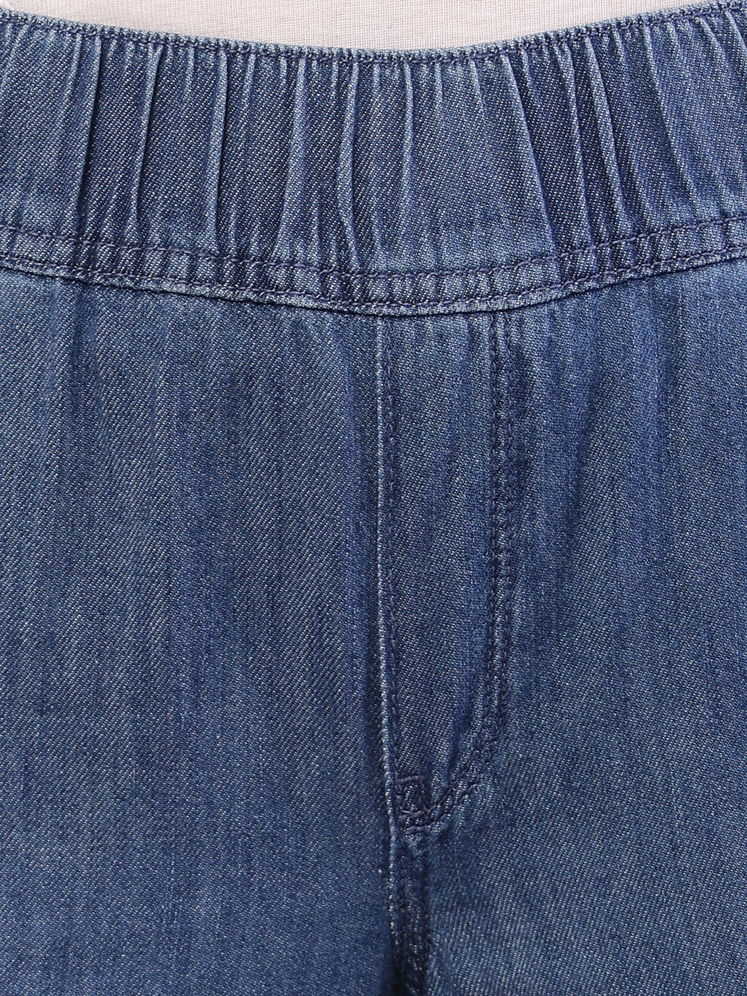 Women blue cotton elastic waist trousers