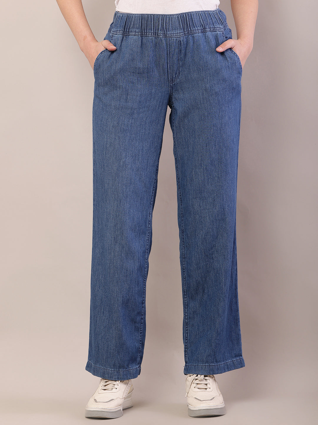 Women blue cotton elastic waist trousers