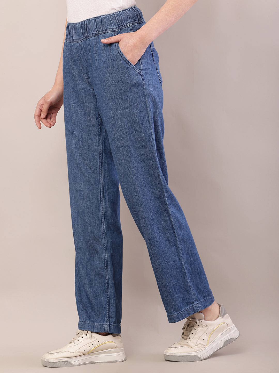 Women blue cotton elastic waist trousers