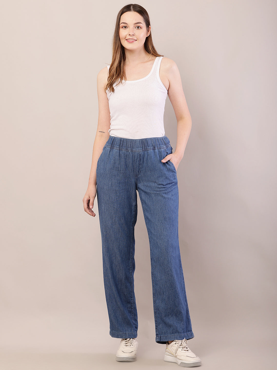 Women blue cotton elastic waist trousers