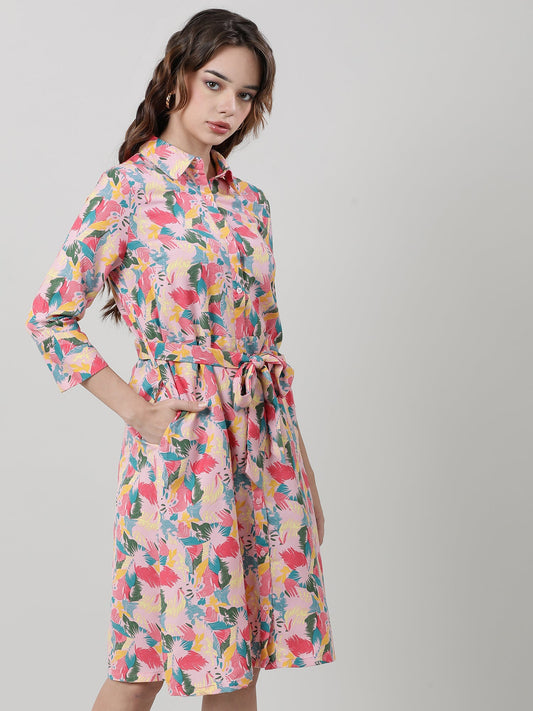 Women Printed With Belt A Line Dress