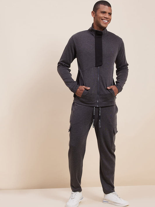 Men Grey Melange High Neck Contrast Flap Jacket