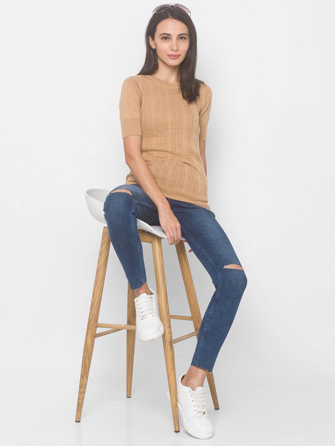 Women Beige Self Design Sweatshirt