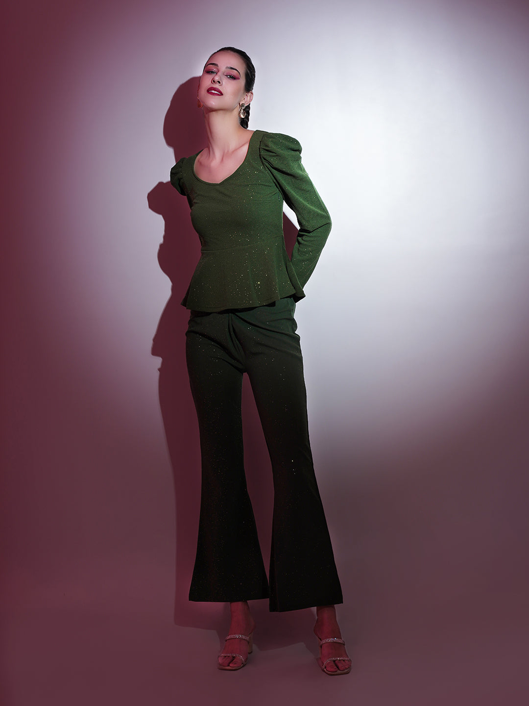 Olive Shimmer Twisted Bellbottom Pants-SASSAFRAS