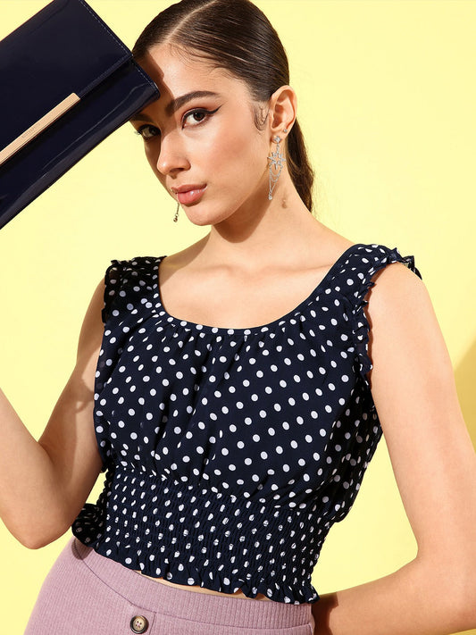 Women Polka Dots Cinched Waist Top