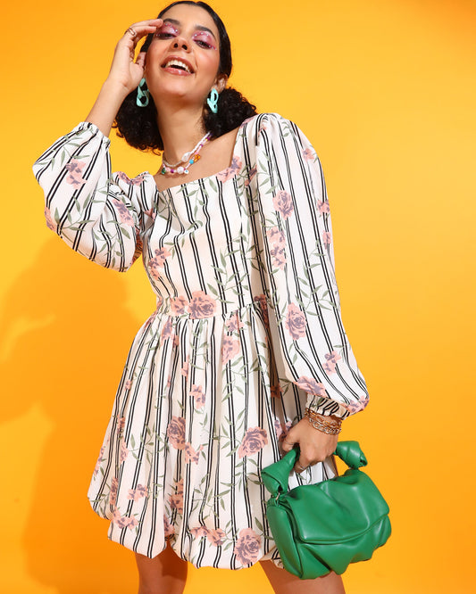 Off White Above Knee Floral Dress