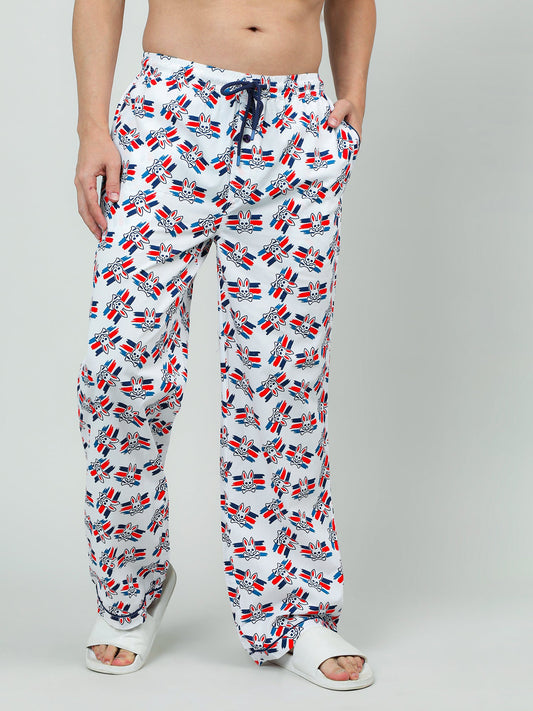 Men White Cotton Printed Lounge Pants