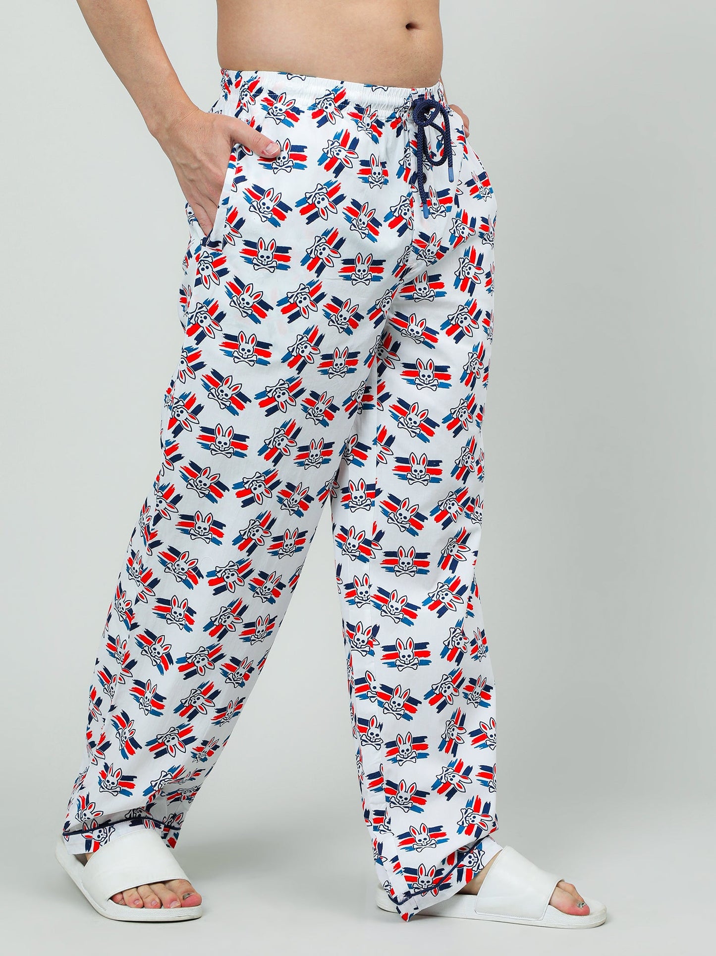 Men White Cotton Printed Lounge Pants