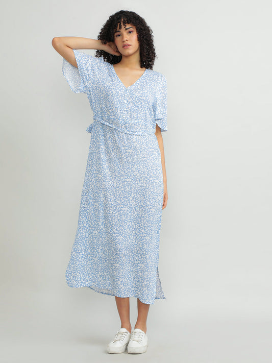 Women Viscose Blue Flowy Dress