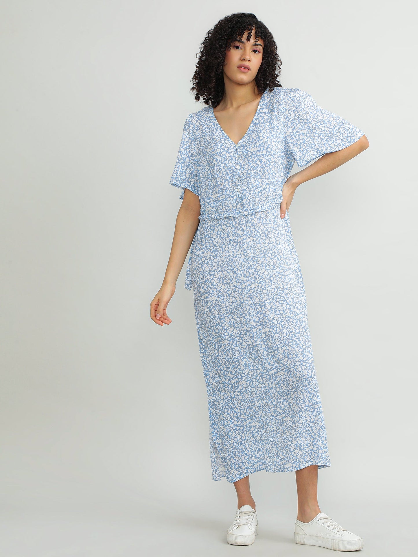 Women Viscose Blue Flowy Dress