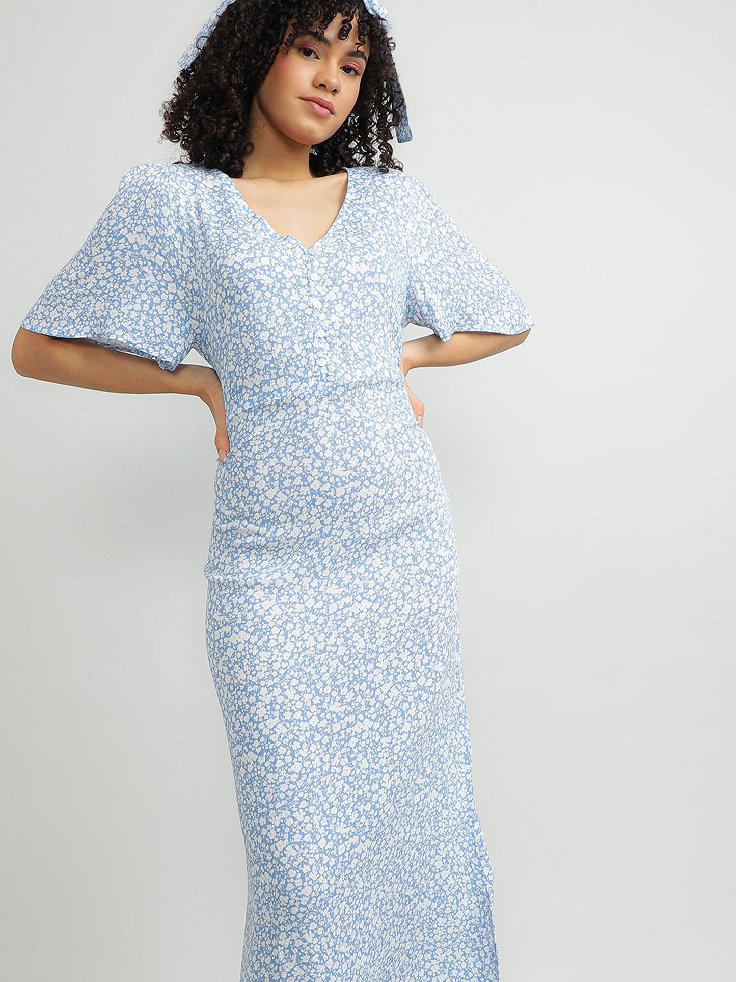 Women Viscose Blue Flowy Dress