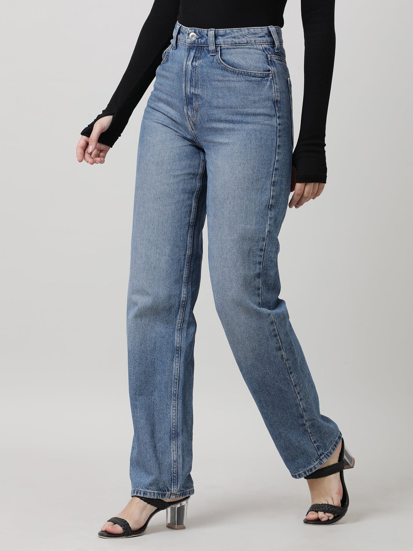 Women Regular Fit Blue Washed Denim Pants