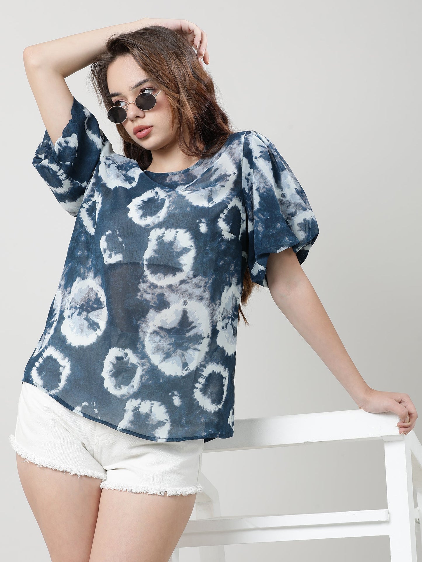 Women Regular Fit Blue Tie & Dye Print Top