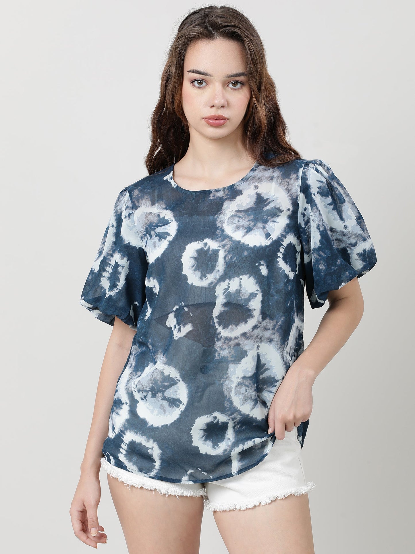 Women Regular Fit Blue Tie & Dye Print Top
