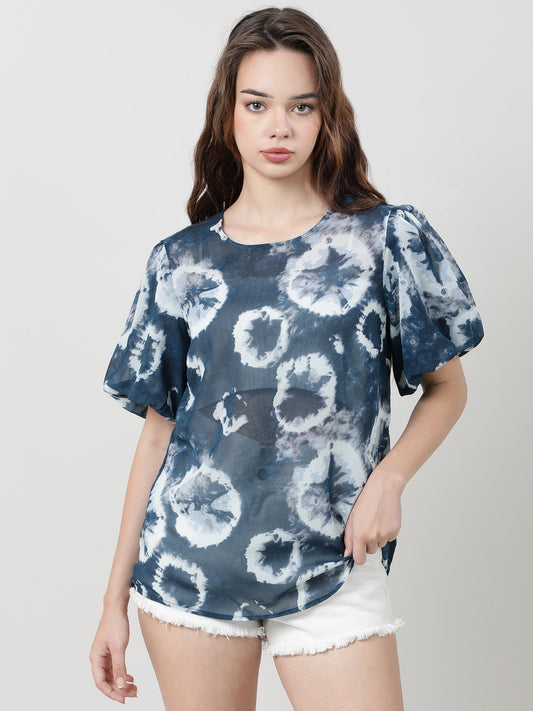 Women Regular Fit Blue Tie & Dye Print Top