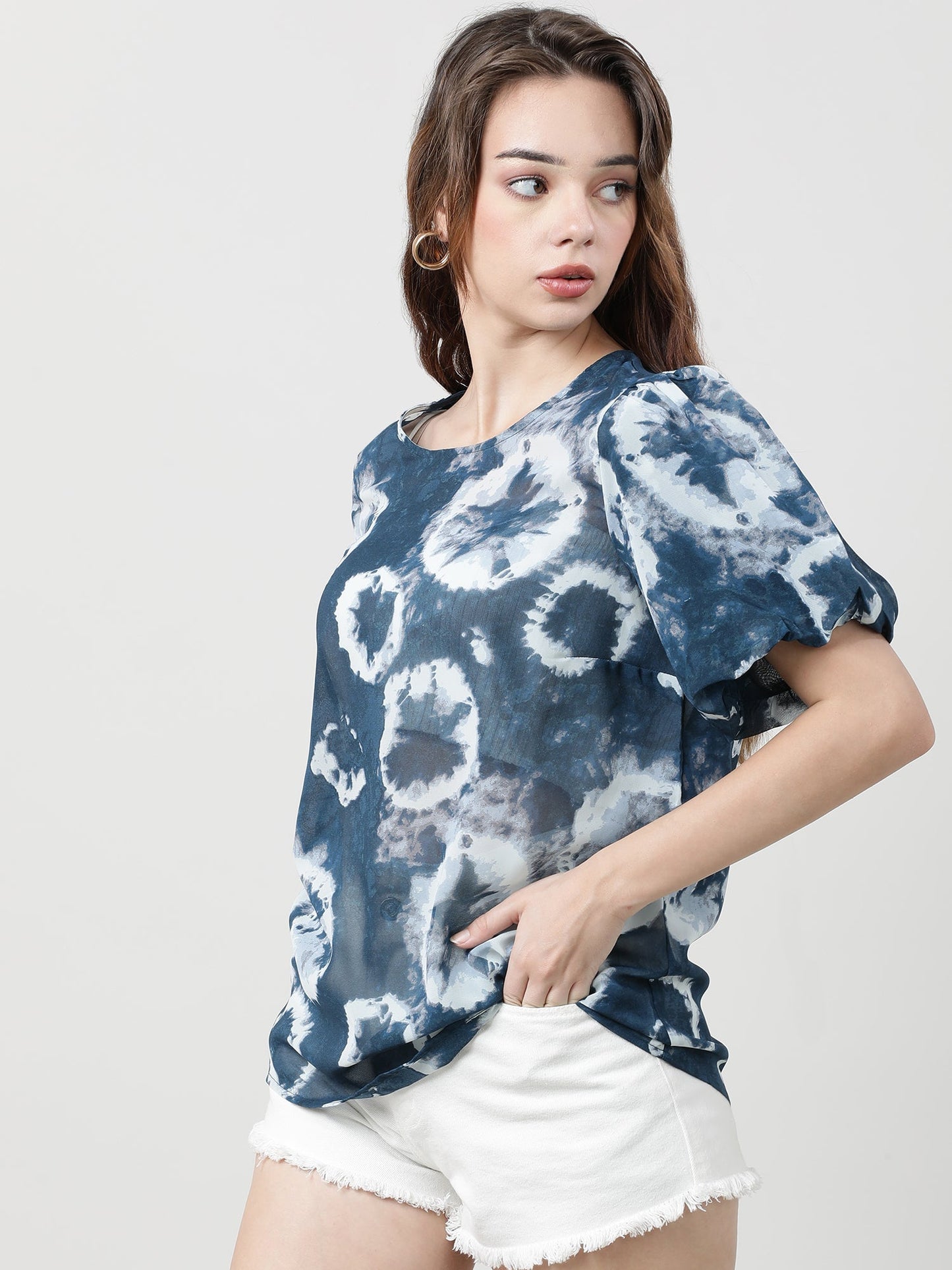 Women Regular Fit Blue Tie & Dye Print Top