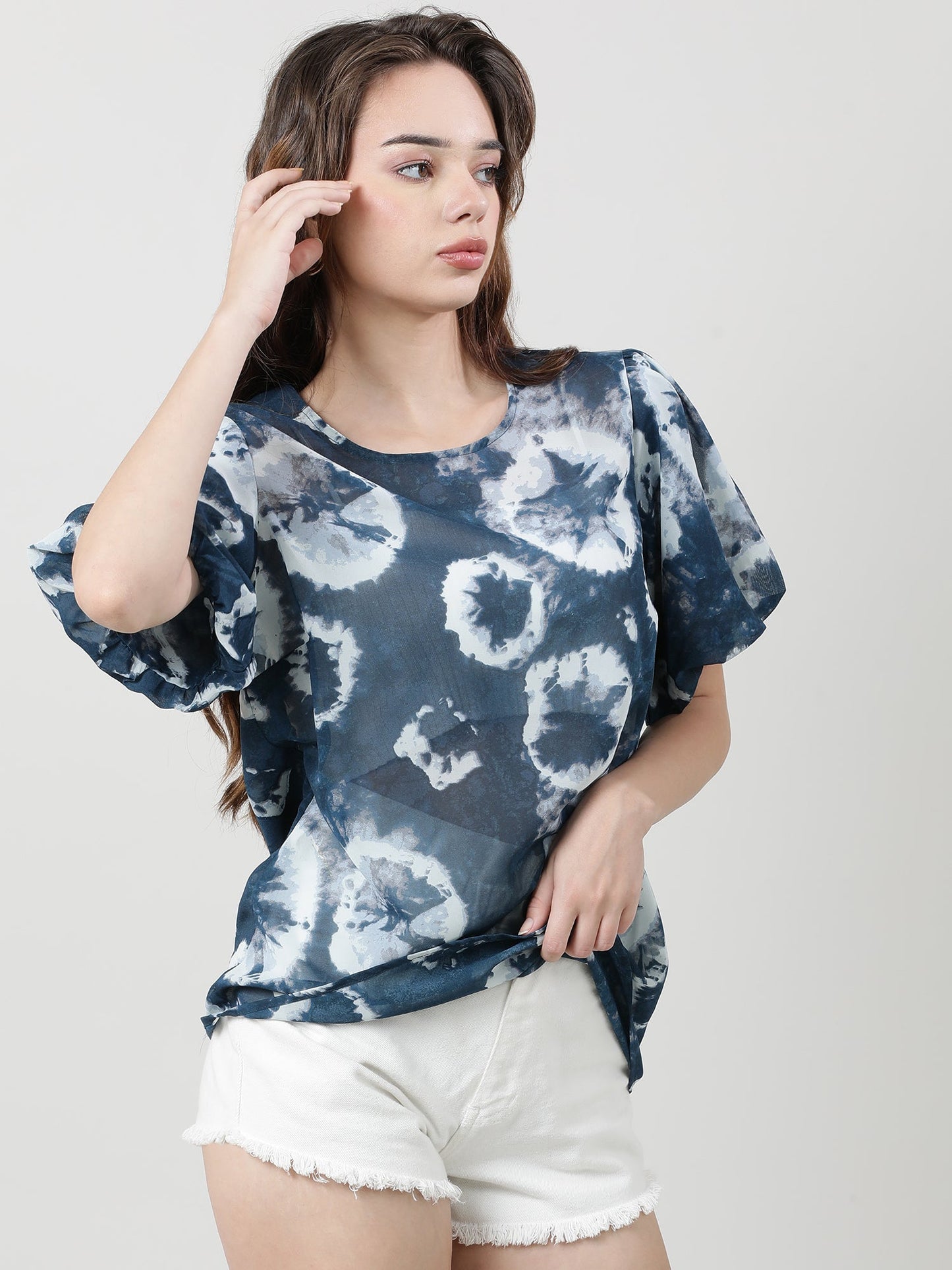 Women Regular Fit Blue Tie & Dye Print Top