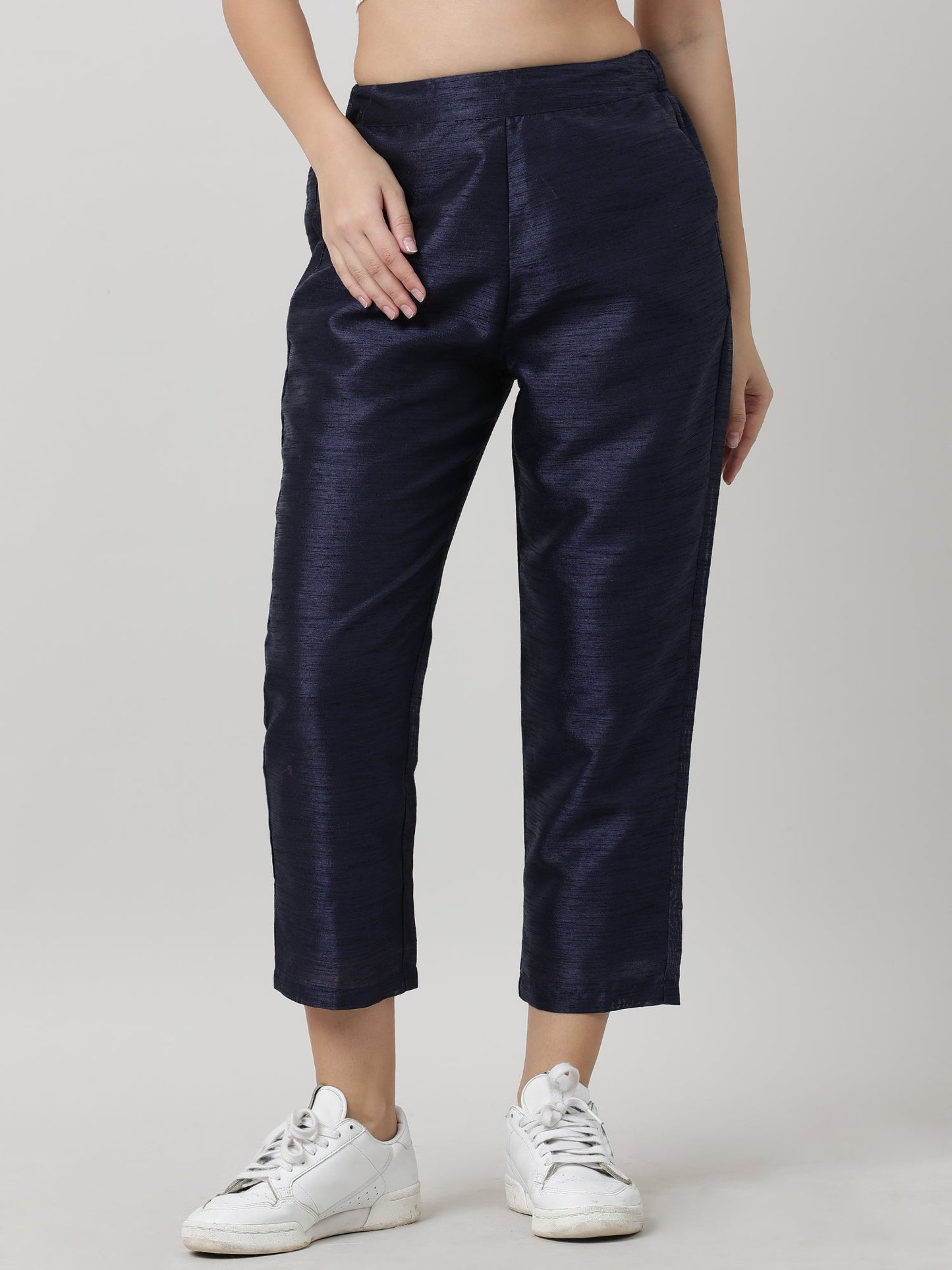 Women Relaxed Fit Navy Ankle Length Pants