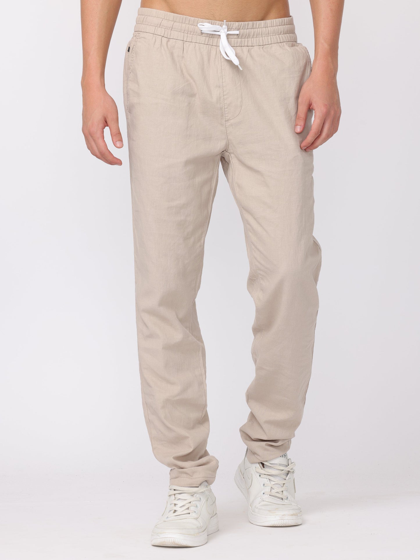 Men Light Beige Regular Fit Linen Blend Pants